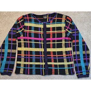 Christina Rotelli VTG Black Cardigan Sweater Colorful Plaid Women's Size Medium